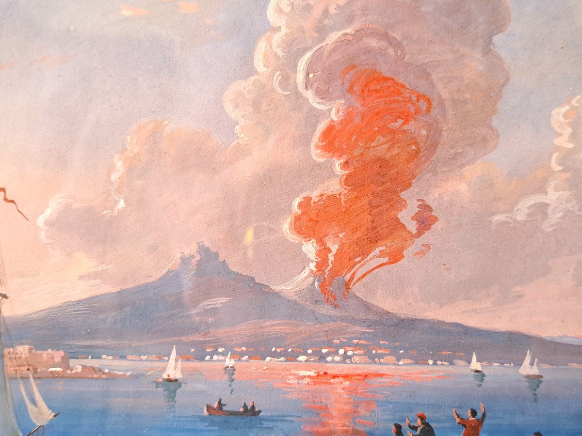 Neapolitan Gouache - Vesuvius Erupting In The Bay Of Naples-photo-3