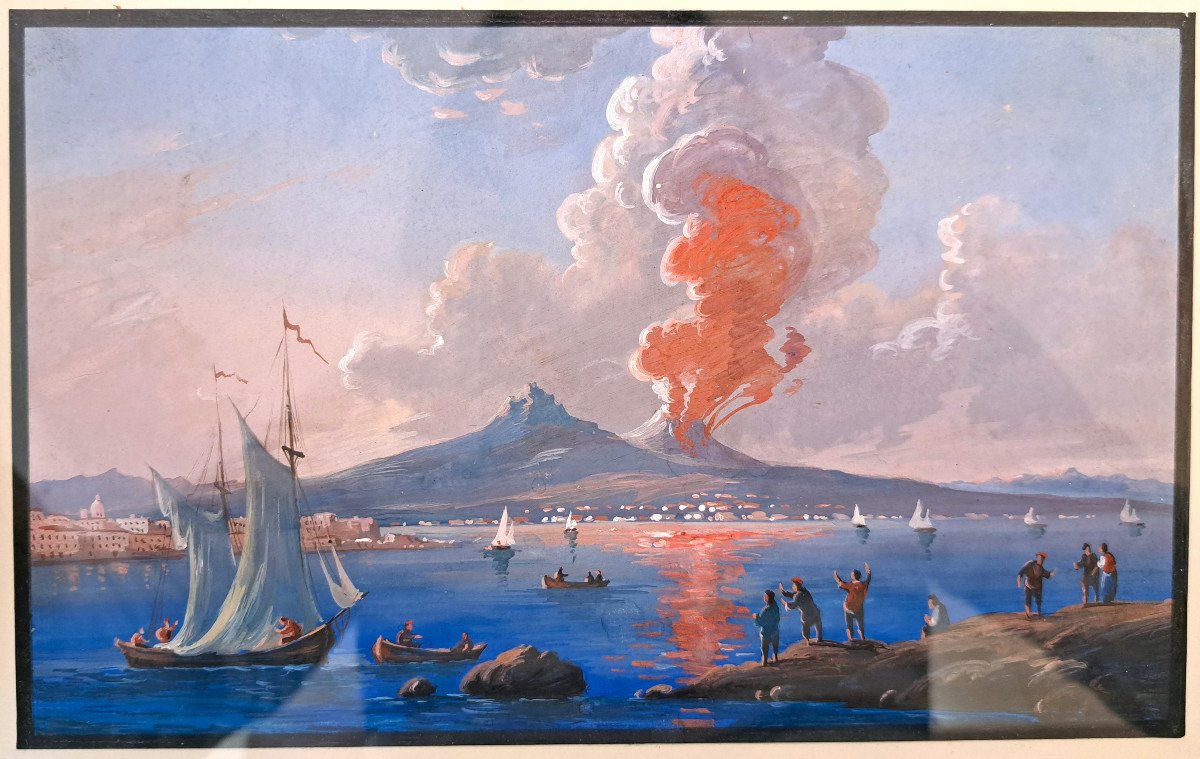 Gouache napolitaine - Le Vésuve En éruption Dans La Baie De Naples-photo-2