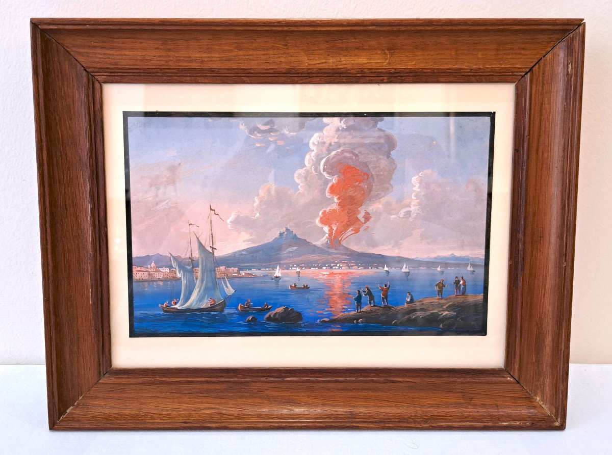 Gouache napolitaine - Le Vésuve En éruption Dans La Baie De Naples