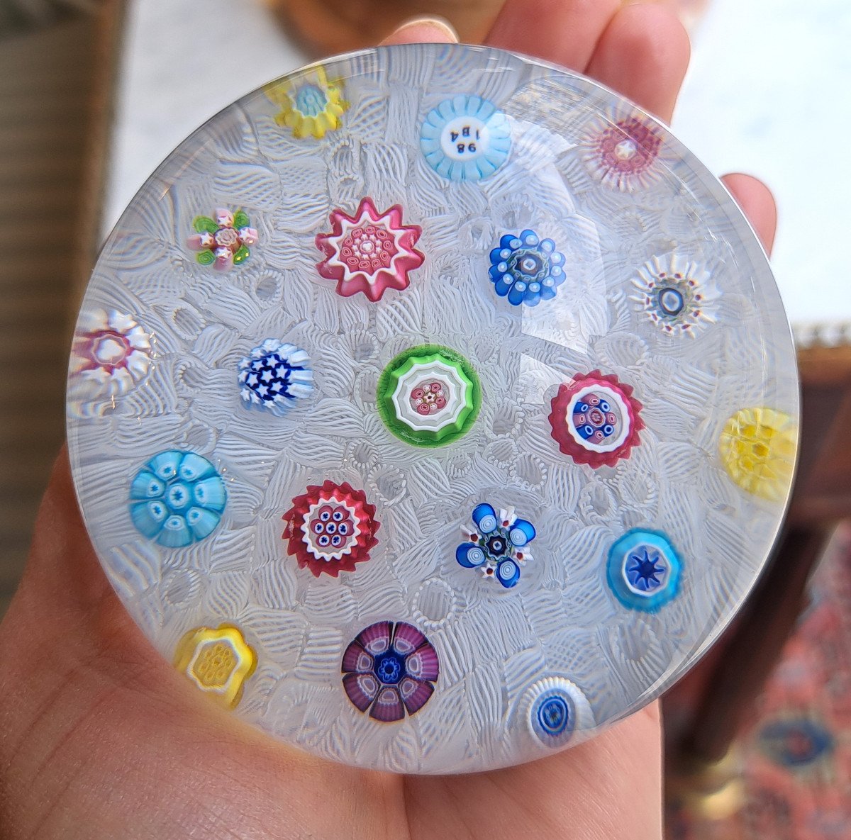 Baccarat - Ball Paperweight Millefiori With White Chiffon Background 1984