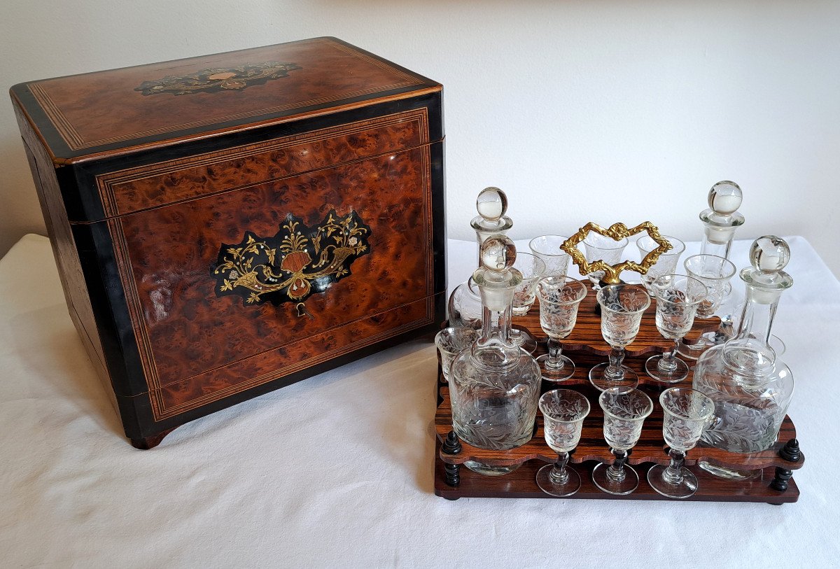 19th Century Burl Wood Veneer Liqueur Cellar-photo-6