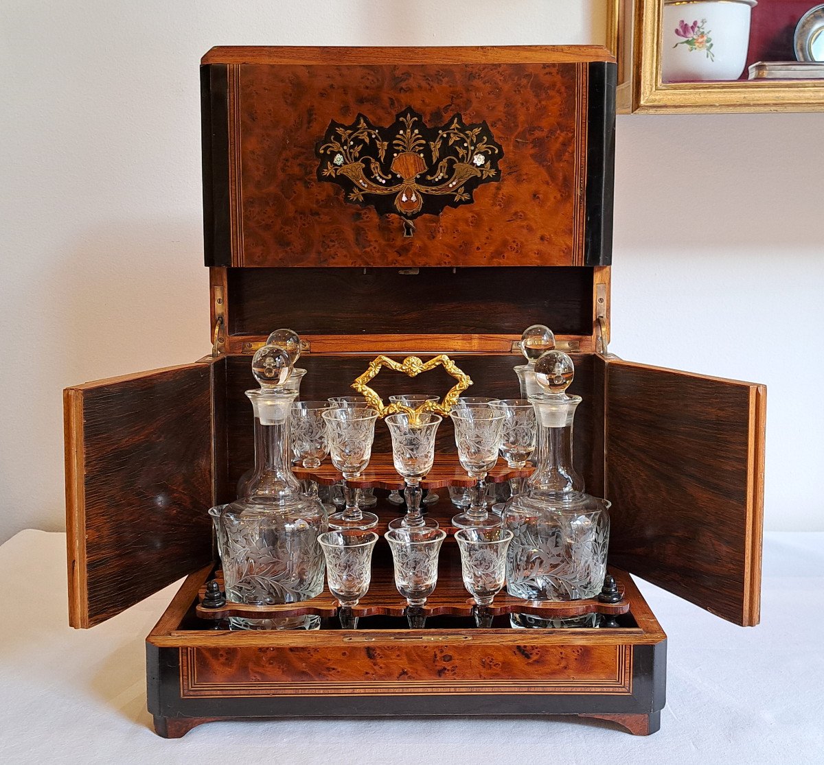 19th Century Burl Wood Veneer Liqueur Cellar