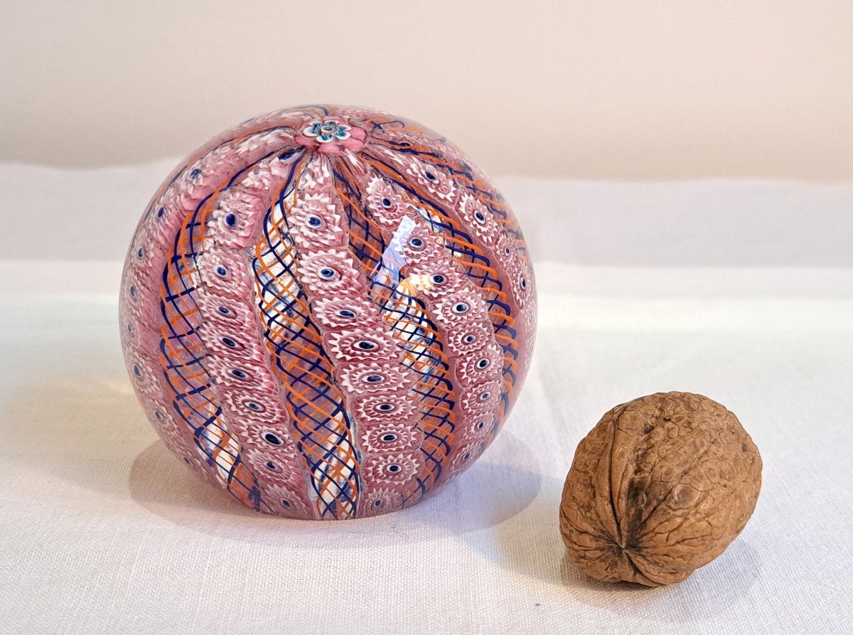 Murano – Boule Presse-papiers Latticino Rose Orange Bleu Et Blanc-photo-2