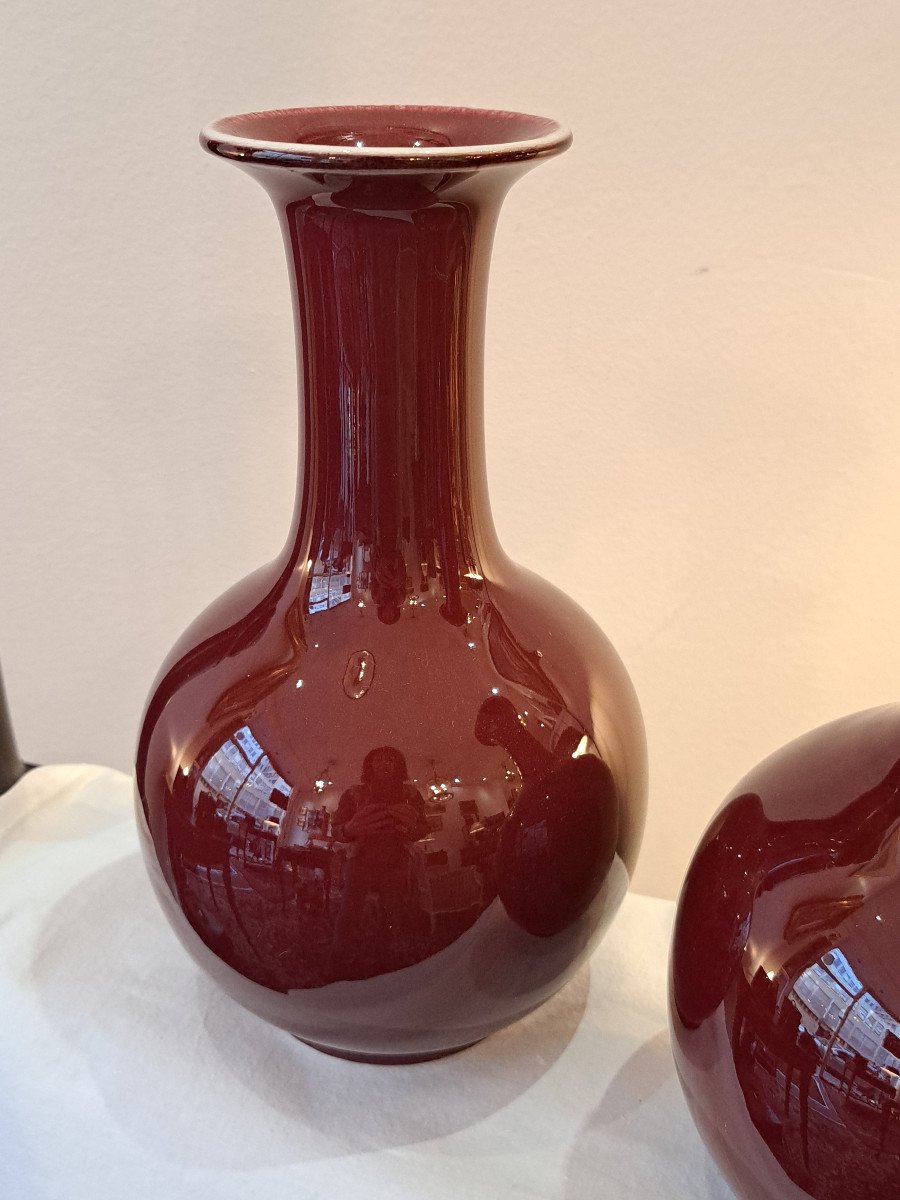 Pair Of Chinese Porcelain Ox Blood Vases-photo-2