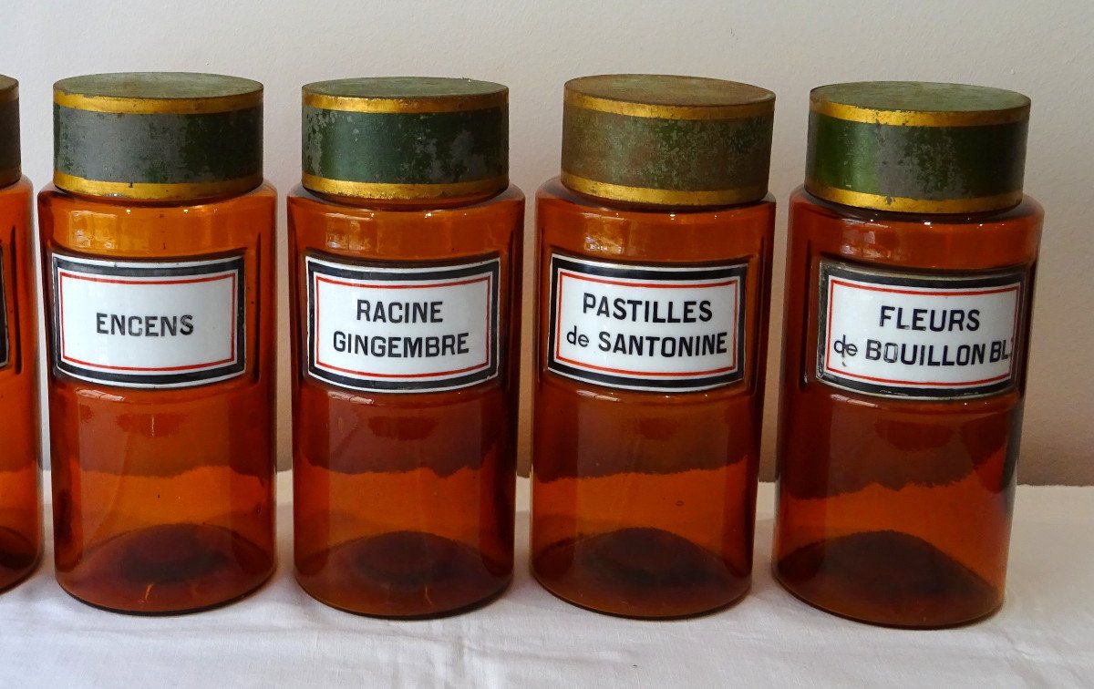 Lot  De 4 Pots &agrave; Pharmacie En Verre Orang&eacute; Tissier Paris XIX&egrave;me