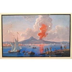 Gouache napolitaine - Le Vésuve En éruption Dans La Baie De Naples