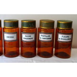 Lot  De 4 Pots &agrave; Pharmacie En Verre Orang&eacute; Tissier Paris XIX&egrave;me