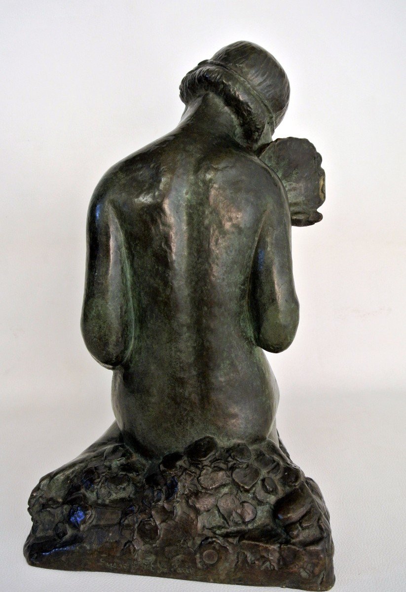 "Jeune Fille à la colombe" bronze signé Sylvestre Clerc -photo-1