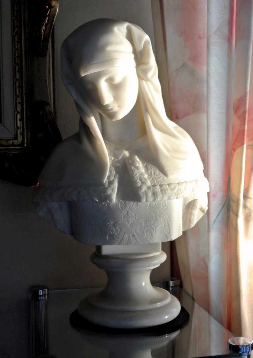 Bust Of The Blessed Virgin Marble E. Fiaschi-photo-2