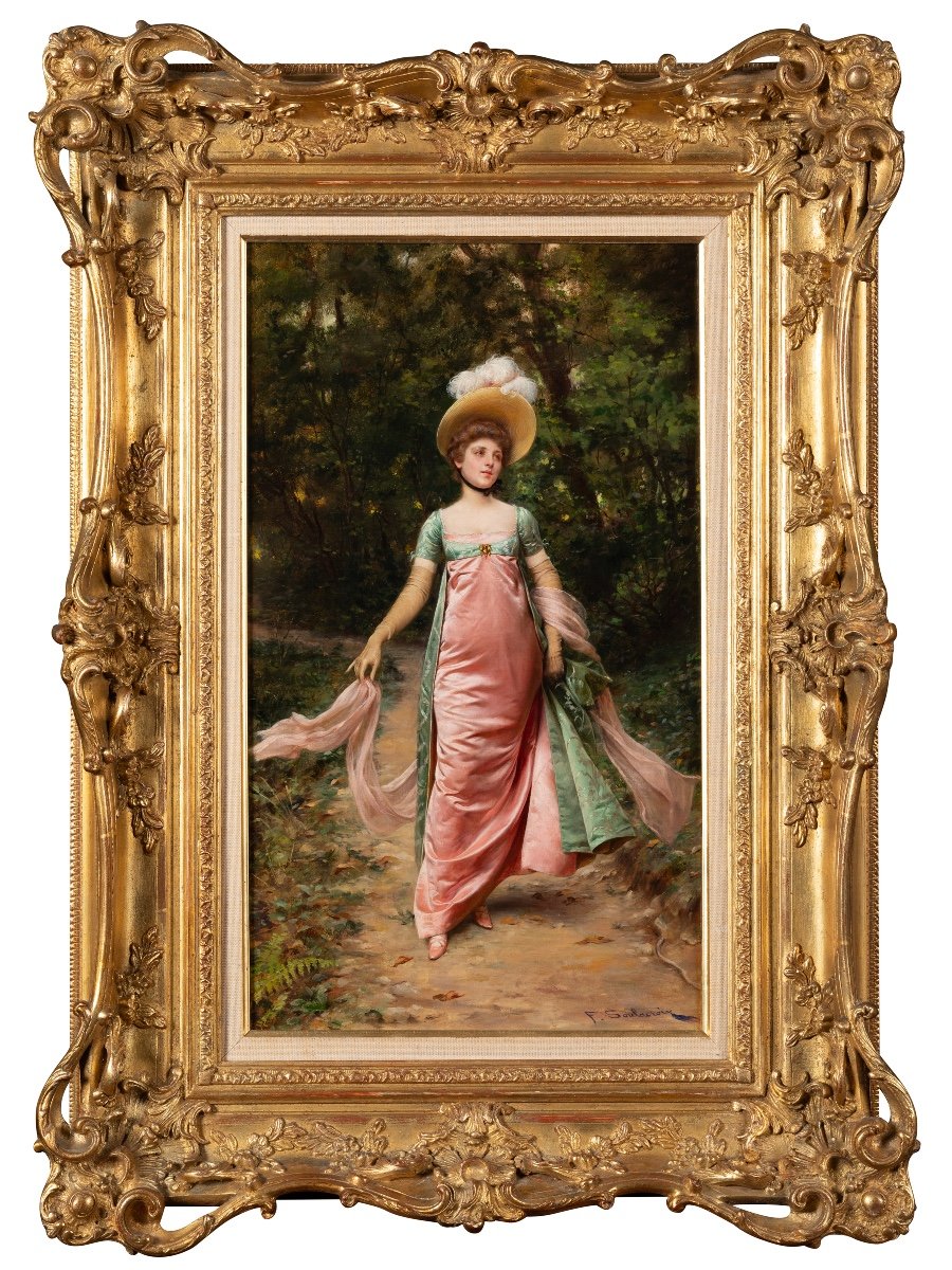 Elegant Woman In A Pink Dress, Frédéric Soulacroix (1858 - 1933)