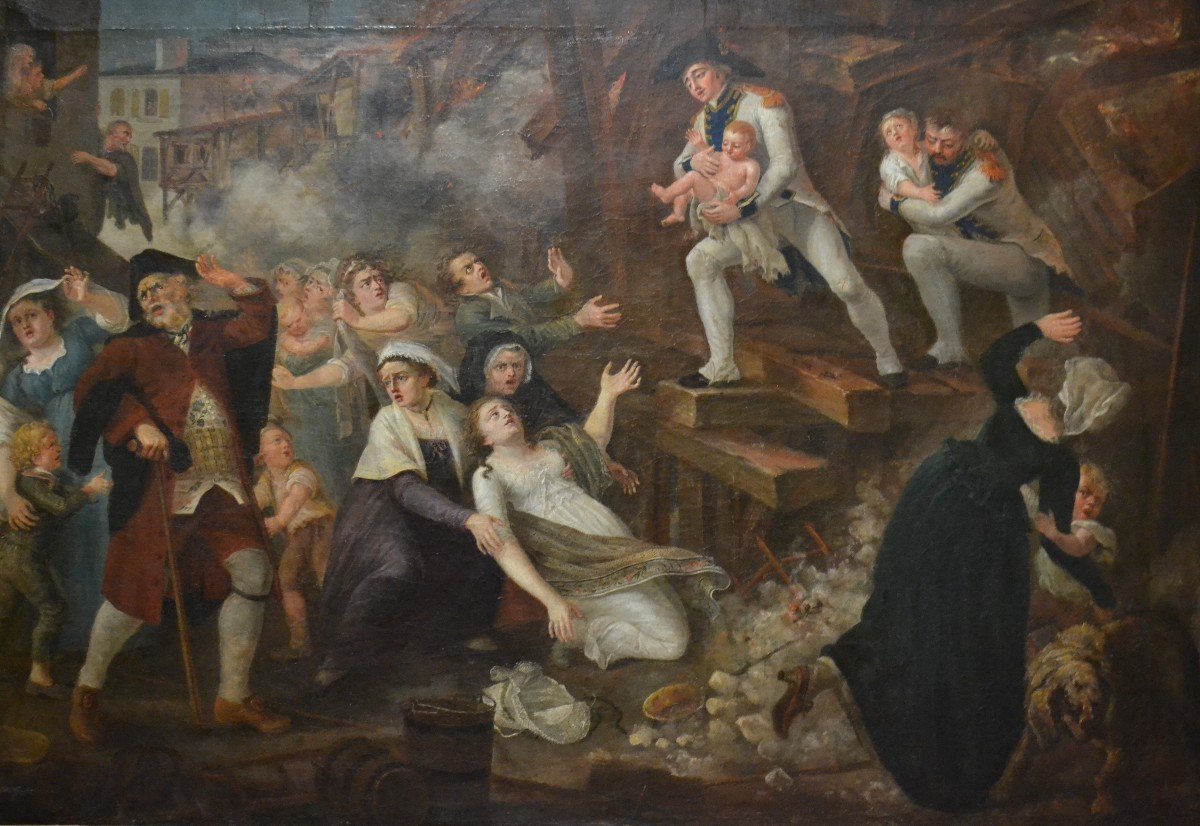 Grande Huile Sur Toile "le Sauvetage" 181 X 114 Cm - Ecole Française, Vers 1800-photo-2