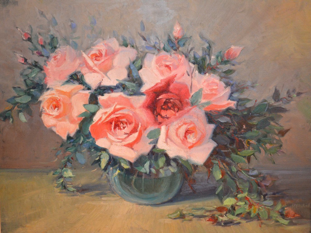 Still Life "the Bouquet Of Roses" Signed "h. Miloche"-photo-2