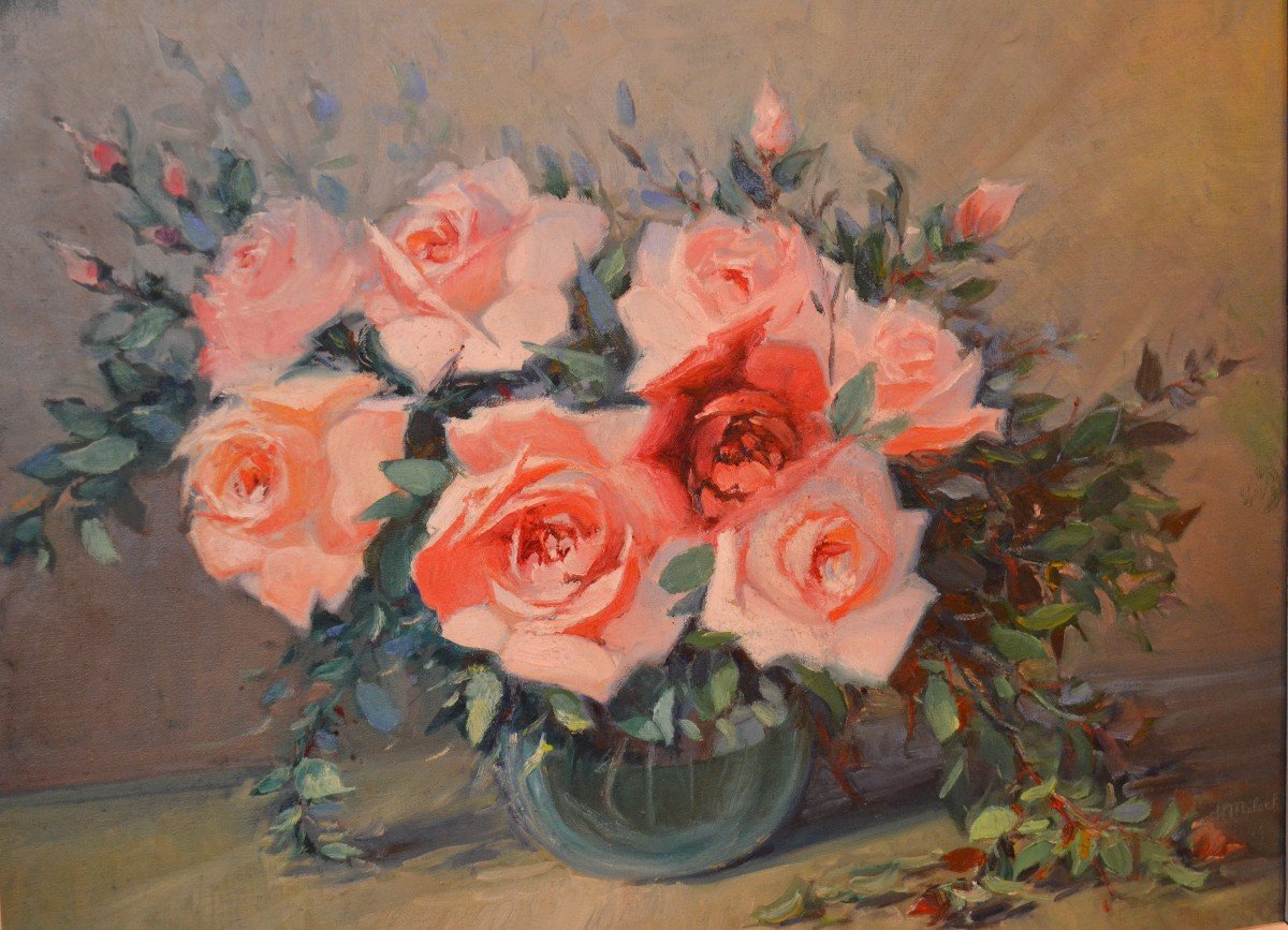 Still Life "the Bouquet Of Roses" Signed "h. Miloche"-photo-1