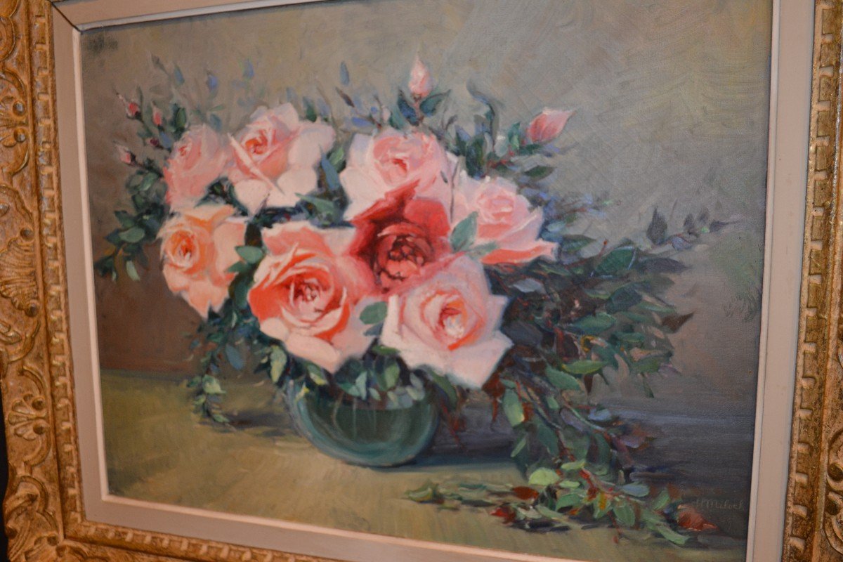 Still Life "the Bouquet Of Roses" Signed "h. Miloche"-photo-3