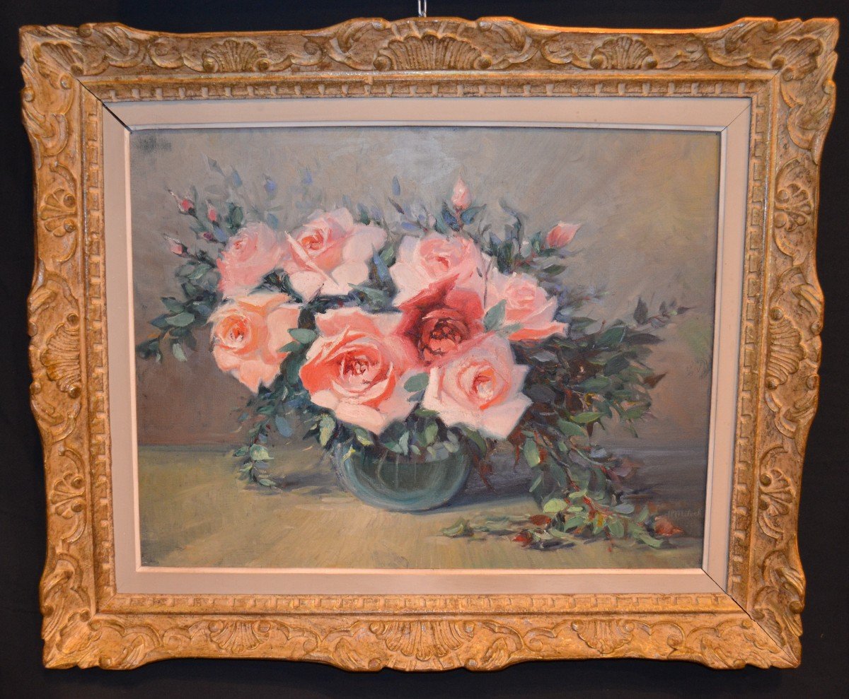 Still Life "the Bouquet Of Roses" Signed "h. Miloche"