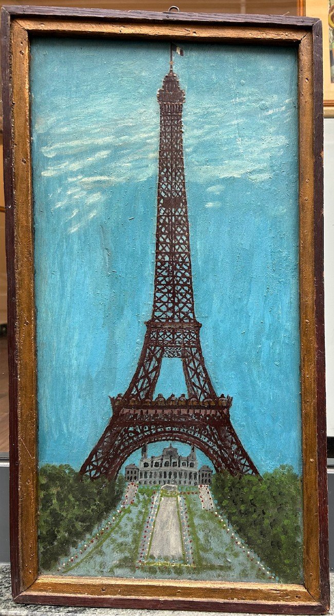 Naive School The Eiffel Tower And The Old Trocadero Palace Oil On Panel 