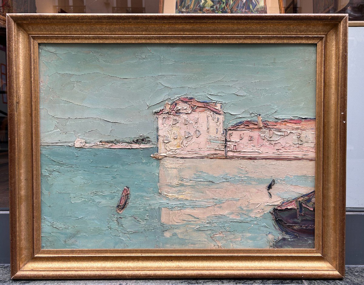 Wladimir De Terlikowski Vieilles maisons et ile San Michele à Venise Huile Sur Carton-photo-2