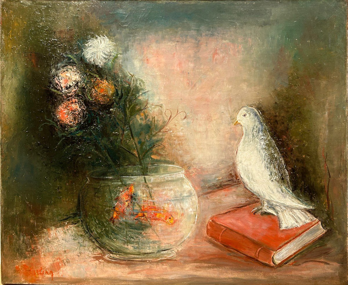 Marc Sterling Still Life With Goldfish Bowl And Pigeon Oil On Canvas-photo-2