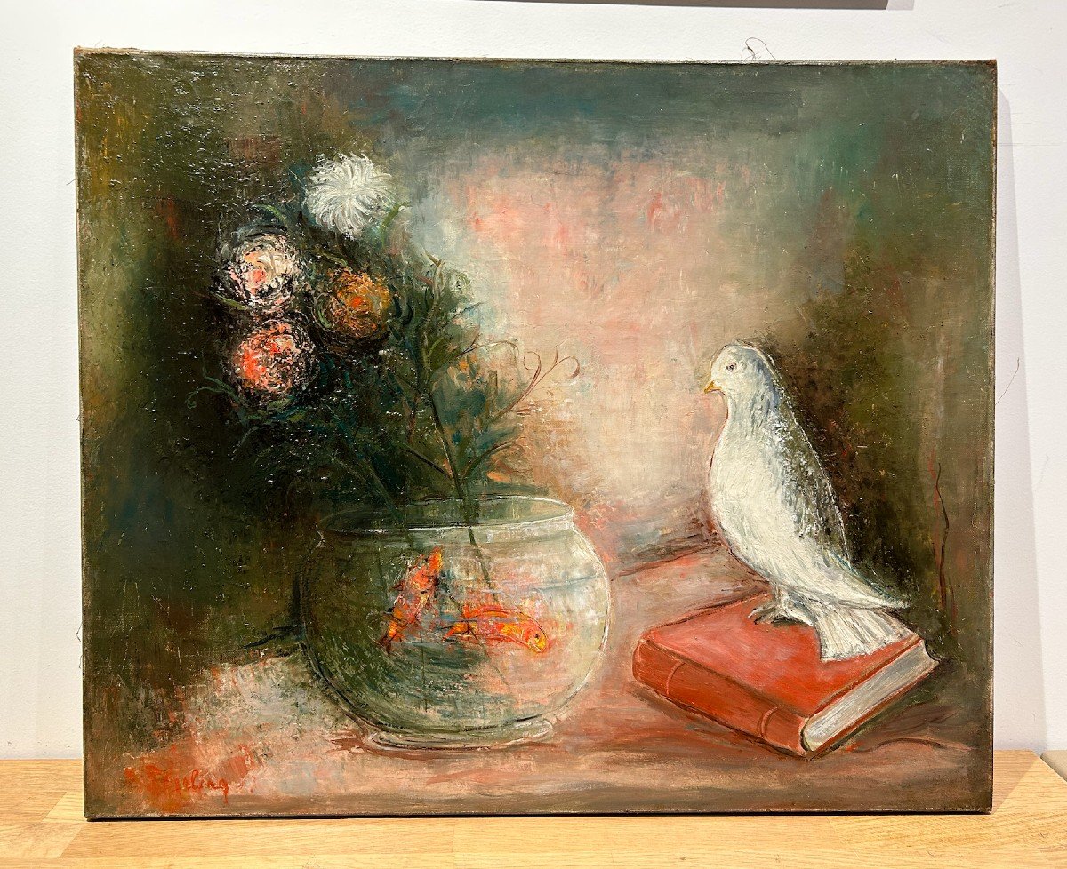 Marc Sterling Still Life With Goldfish Bowl And Pigeon Oil On Canvas-photo-4