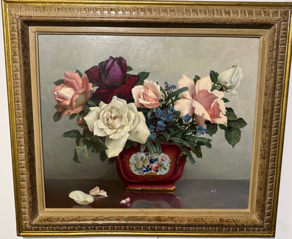 Irène Klestova (1908-1989) Artiste Russe Roses Dans Un Vase 