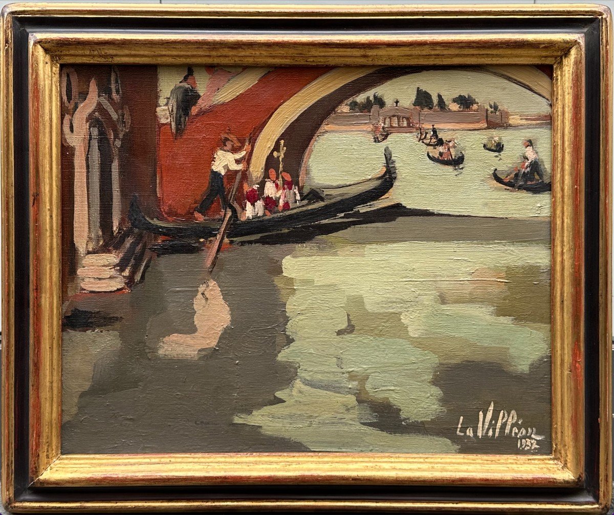 Emmanuel De La Villéon (1858-1944), "gondolas On The Canal In Venice" (1932)-photo-2