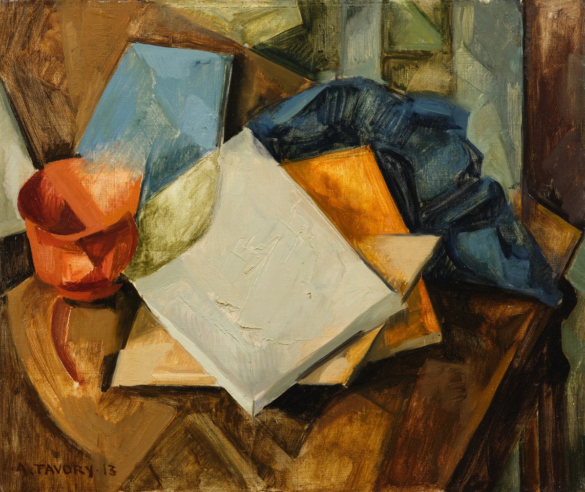 André Favory Nature Morte Cubiste Livres Et Drapé Sur Une Table Huile Sur Toile