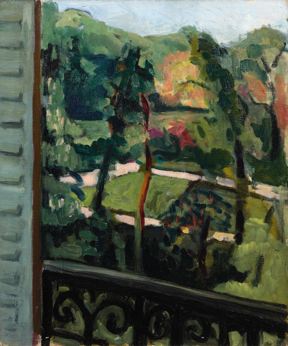 André Favory View Of A Garden From The Balcony Oil On Canvas-photo-2