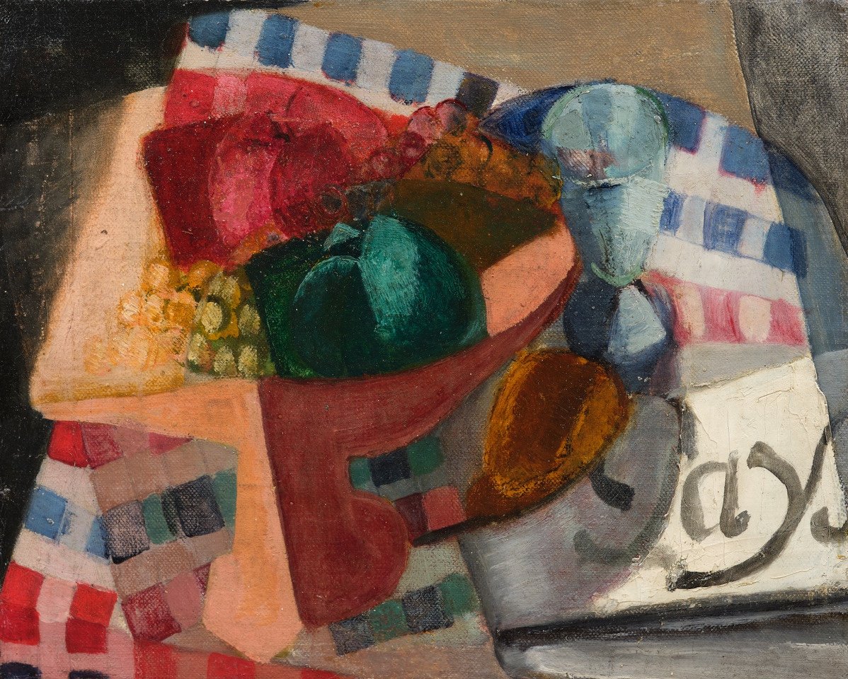 André Favory Landscape Cubist Still Life Tablecloth And Fruit Bowl Oil On Canvas-photo-2