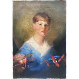 Paul Chmaroff ( Voronej, 1874 -  Boulogne-billancourt, 1950)-Portrait d'Un Jeune Homme aux avions 