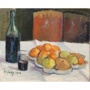 André Favory (1889 – 1937), "still Life With Bottle And Fruit" (1908)