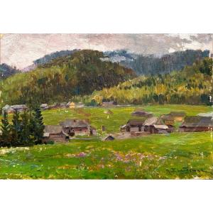 Emil Lindemann (Varsovie 1864 - Ozorków 1945) "Maisons Dans La Vallée"