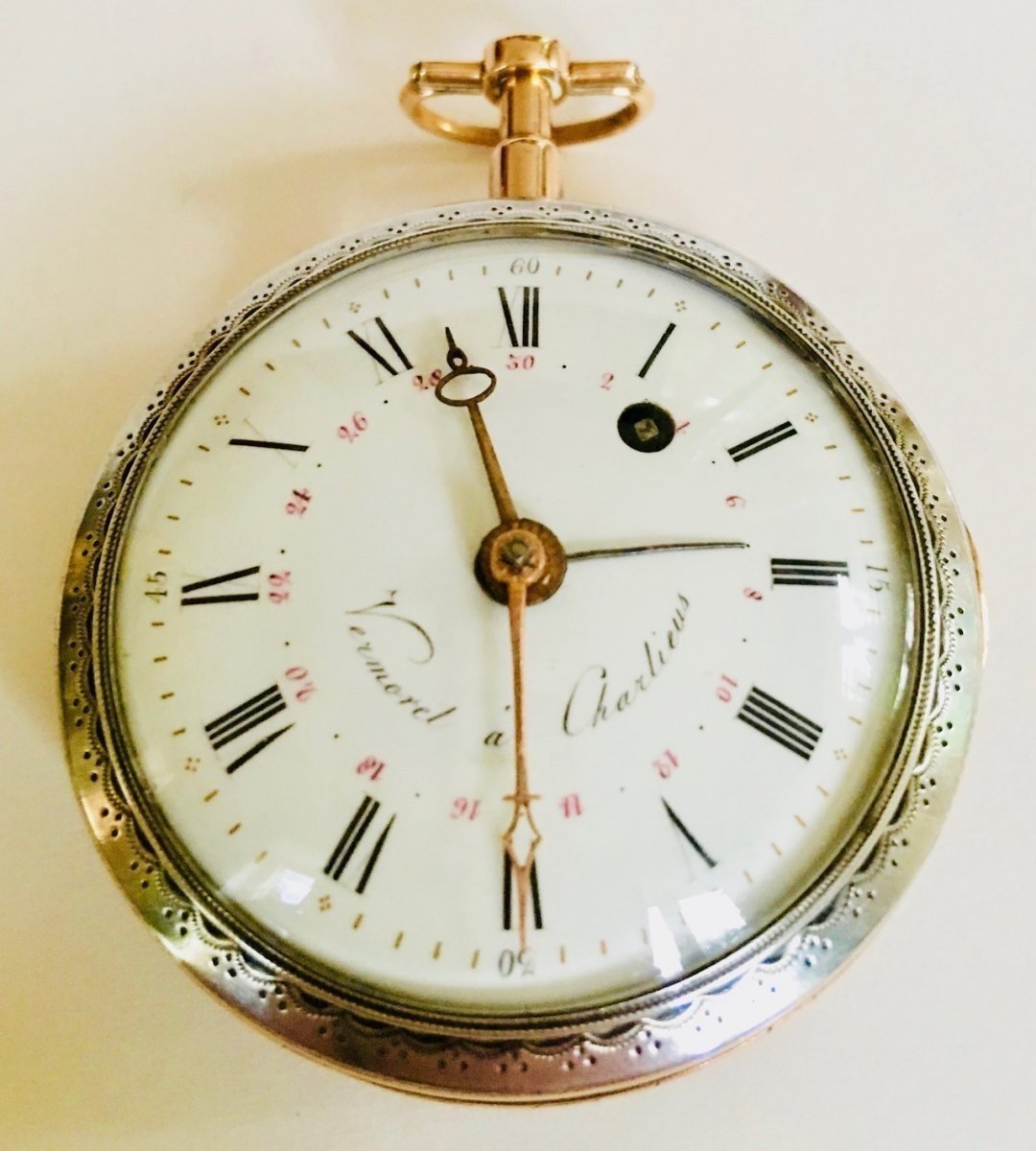 Skeleton Pocket Watch In Silver, Yellow And Rose Gold Signed Vermorel à Charlieus, Circa 1800-photo-3