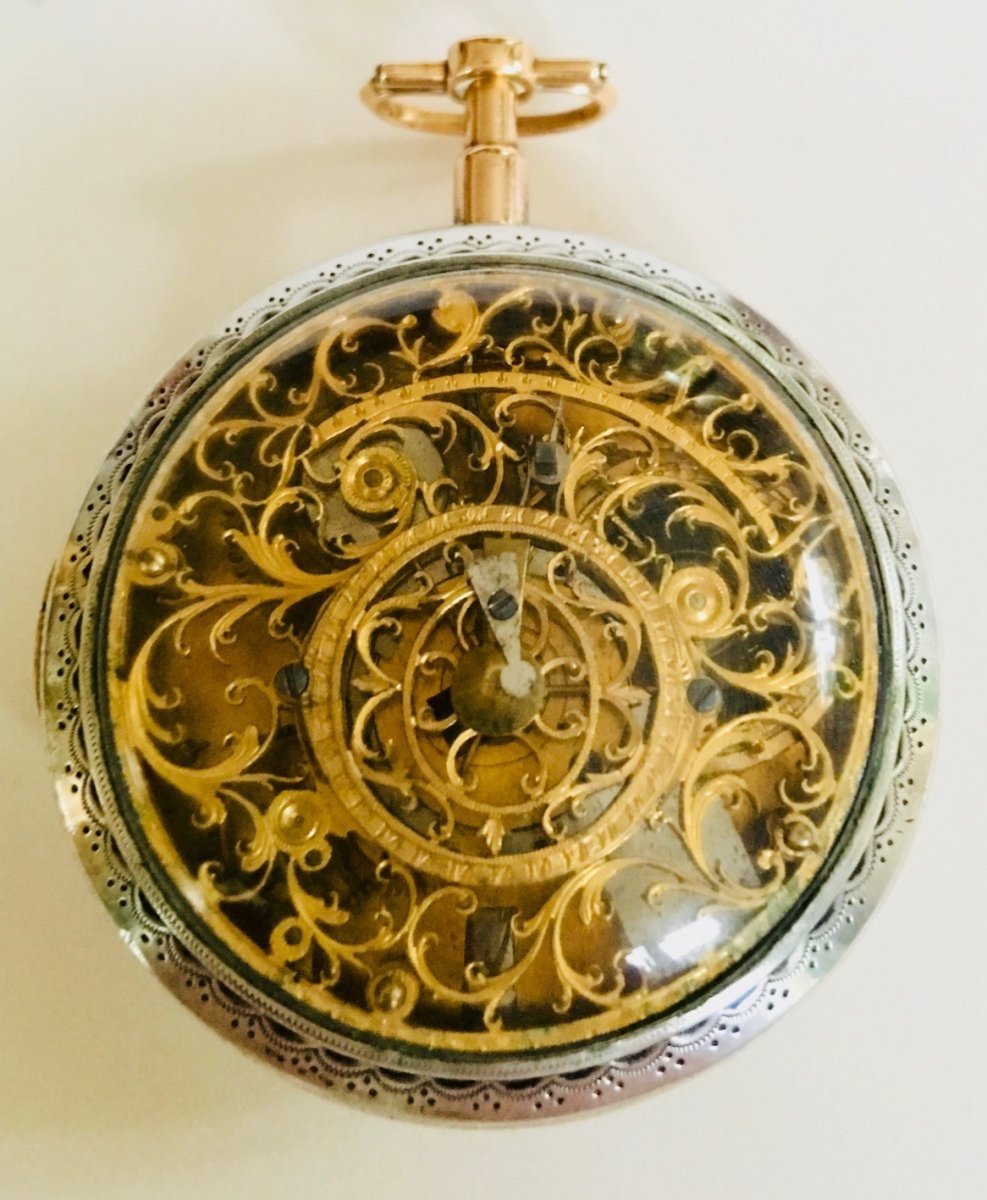 Skeleton Pocket Watch In Silver, Yellow And Rose Gold Signed Vermorel à Charlieus, Circa 1800-photo-4