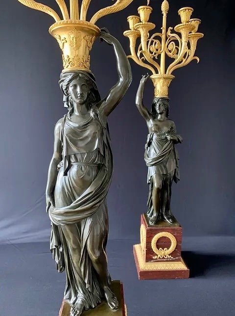 Pair Of Candelabra In Patinated And Gilded Bronze, Griotte, Consulate Period-photo-2