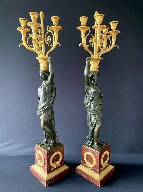 Pair Of Candelabra In Patinated And Gilded Bronze, Griotte, Consulate Period-photo-3