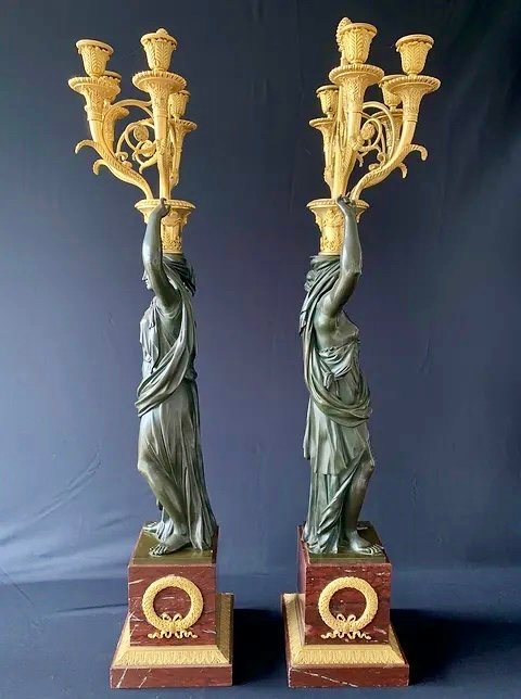 Pair Of Candelabra In Patinated And Gilded Bronze, Griotte, Consulate Period-photo-4