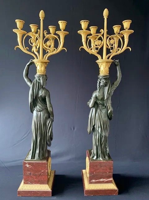 Pair Of Candelabra In Patinated And Gilded Bronze, Griotte, Consulate Period-photo-1