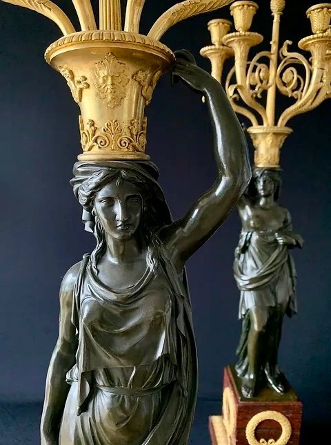 Pair Of Candelabra In Patinated And Gilded Bronze, Griotte, Consulate Period-photo-5