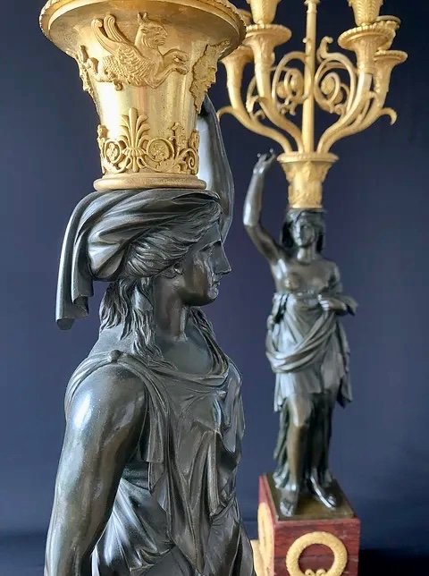 Pair Of Candelabra In Patinated And Gilded Bronze, Griotte, Consulate Period-photo-6