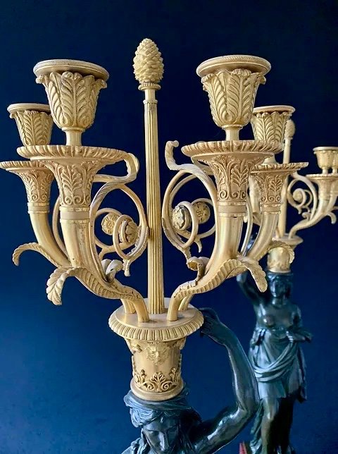 Pair Of Candelabra In Patinated And Gilded Bronze, Griotte, Consulate Period-photo-7