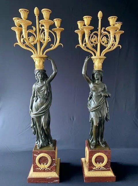 Pair Of Candelabra In Patinated And Gilded Bronze, Griotte, Consulate Period