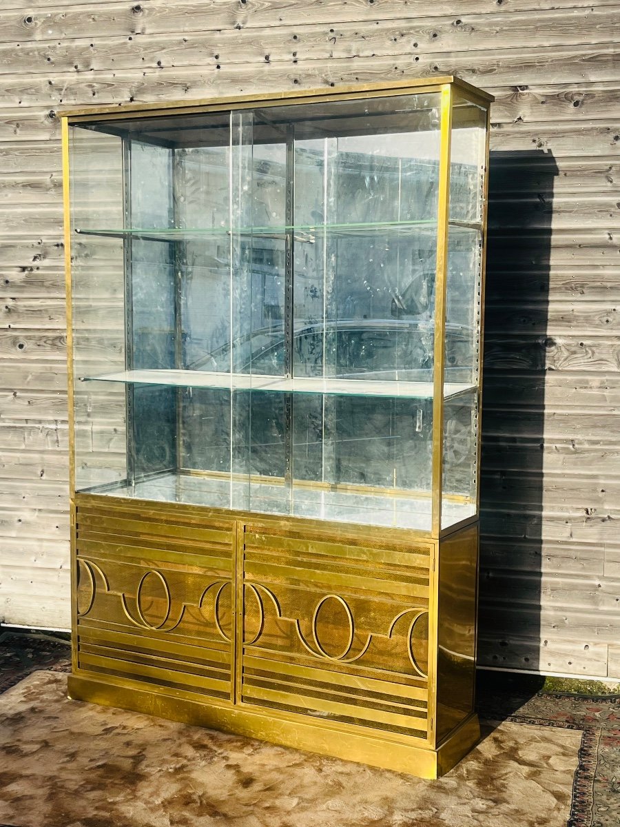 Proantic: RARE VITRINE éclairante d'exposition 1920 en laiton , verre