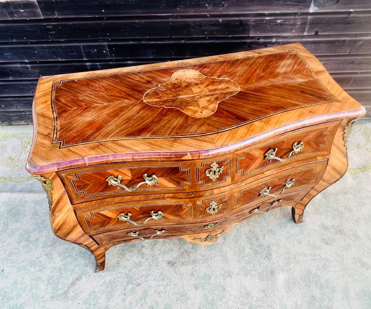 Commode galbée en marqueterie d’époque louis XV-photo-2