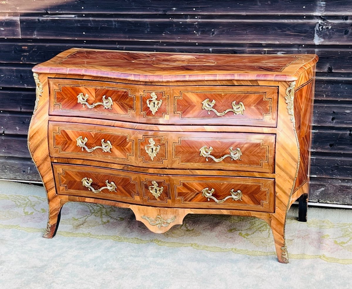 Commode galbée en marqueterie d’époque louis XV-photo-4