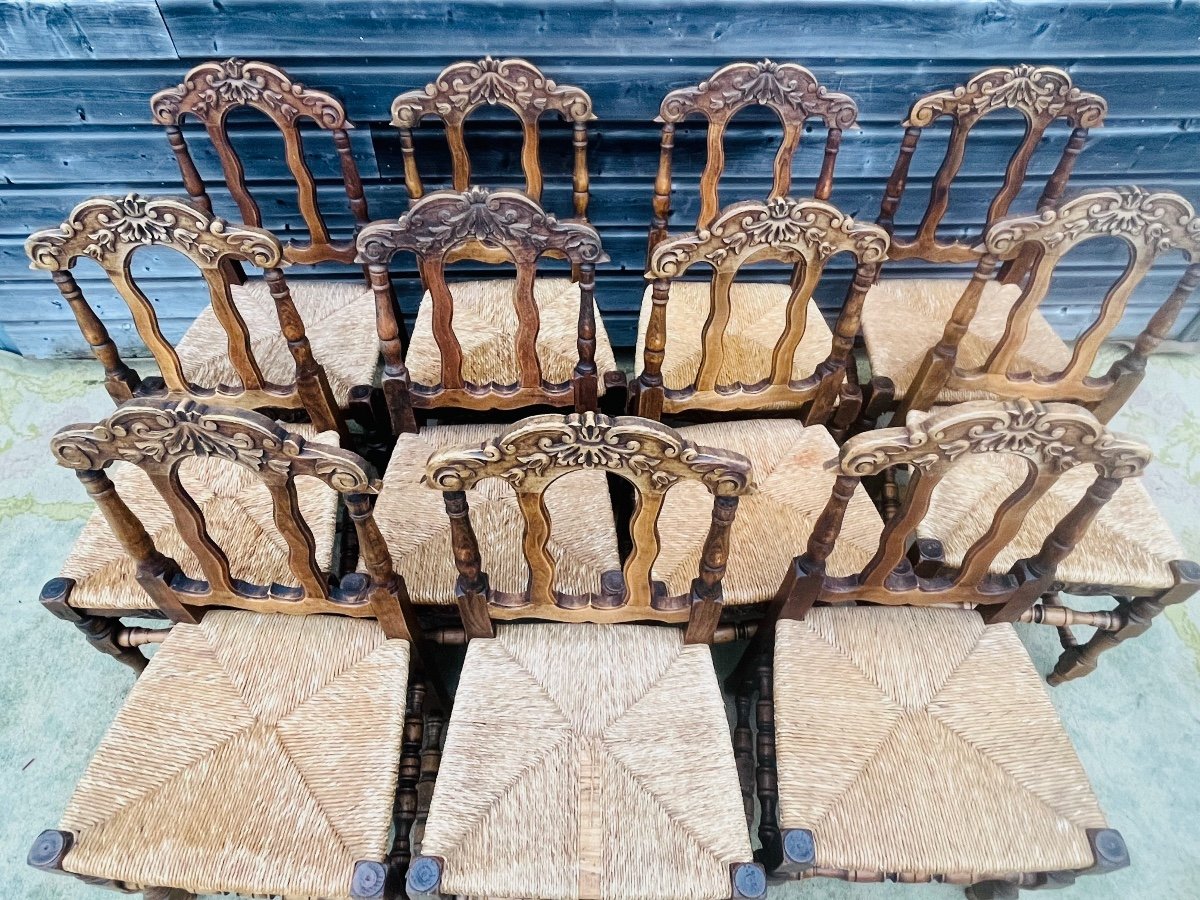 Suite Of 12 Regency Style Oak Straw Chairs-photo-5