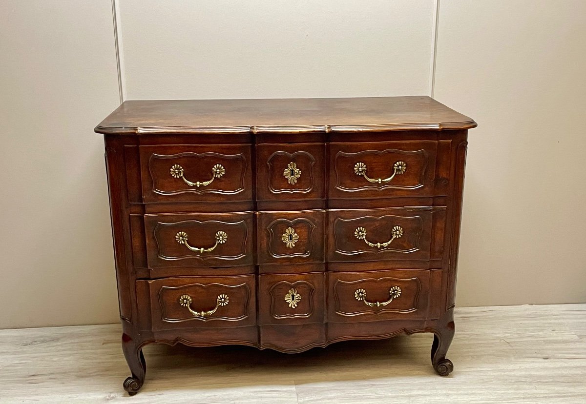 Curved Crossbow Chest Of Drawers In Walnut, Louis XV Period-photo-7