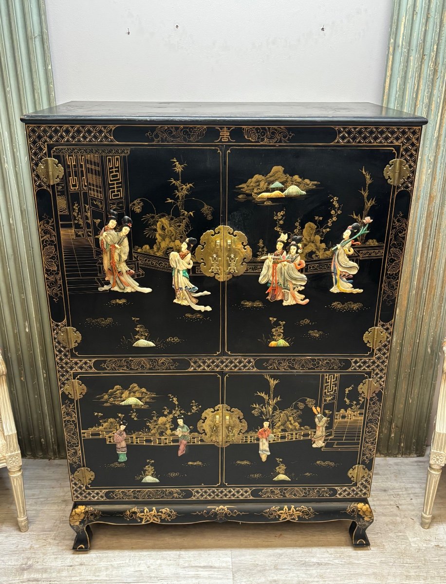 Chinese Wardrobe In Mother-of-pearl Lacquer And Hard Stones -photo-7