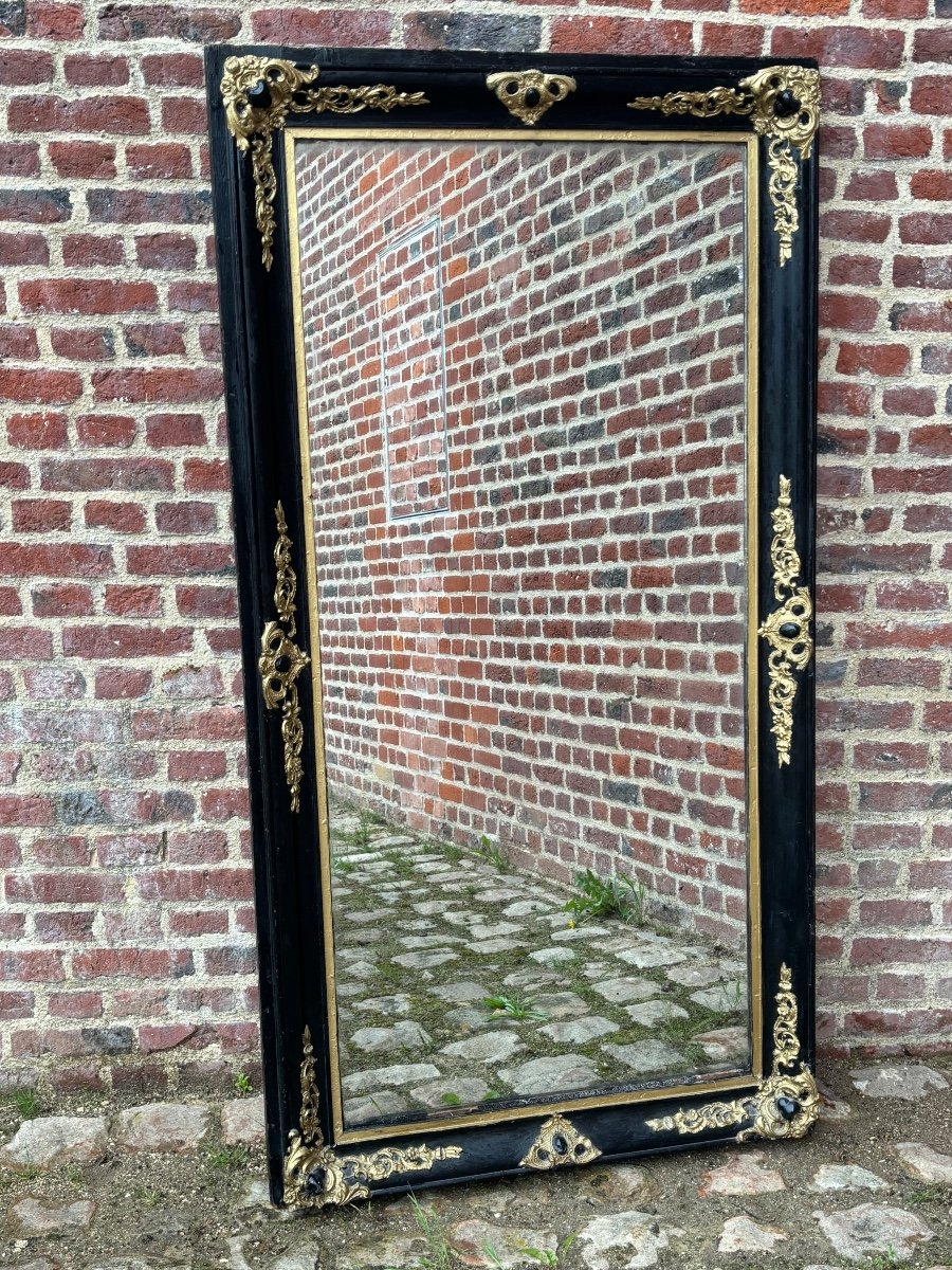 Grand miroir en bois peint noir et doré d’époque napoléon III-photo-1