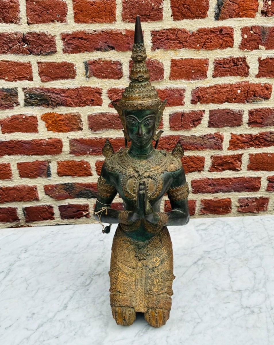 Grande Statuette En Bronze Polychrome Divinité Thaïlande D’époque XIX éme -photo-2