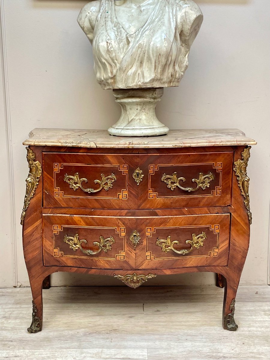 Curved Commode In Marquetry Louis XV Period -photo-2